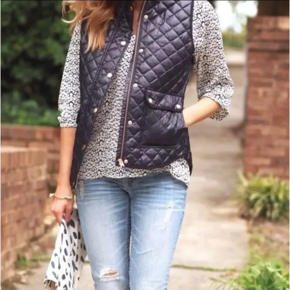 J. Crew Shiny Quilted Field Puffer Down Vest Navy Blue E1014 Petite Size PXS